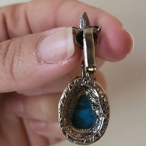 Vintage Faux Turquoise Squash Blossom Necklace & Earring Set - Picture 8 of 10